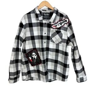 Ghost Face Halloween Flannel Shirt Men's XL Black White Plaid Patch